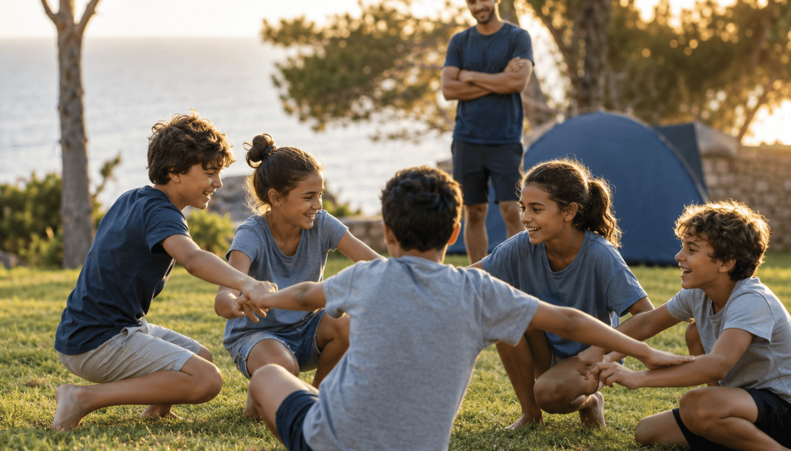 Niños en actividad al aire libre en un campamento de verano supervisados por un monitor