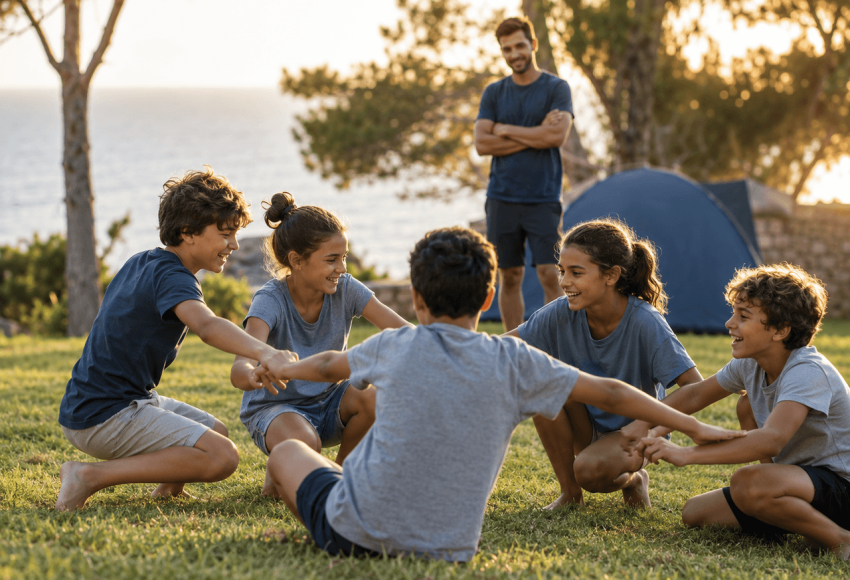 Niños en actividad al aire libre en un campamento de verano supervisados por un monitor