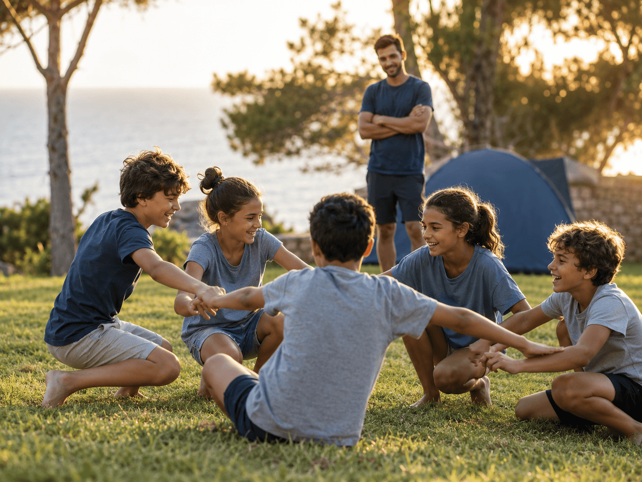 Niños en actividad al aire libre en un campamento de verano supervisados por un monitor