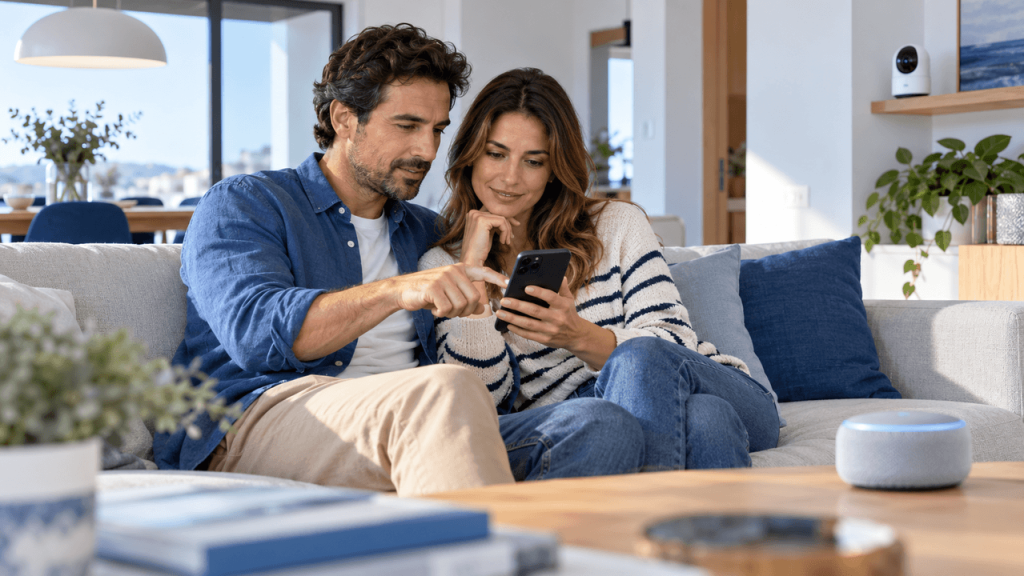 Pareja conectada en un hogar inteligente